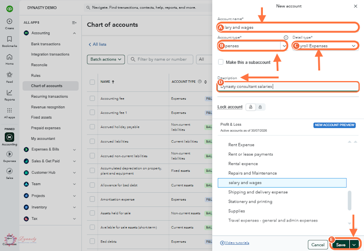 How to Create Sub-Accounts in the Chart of Accounts — QuickBooks Online screenshot