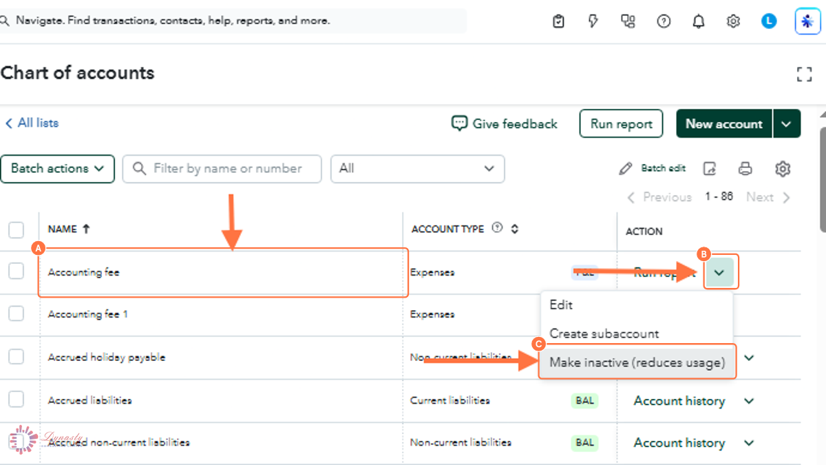 How to Inactivate an Account in the Chart of Accounts — QuickBooks Online screenshot