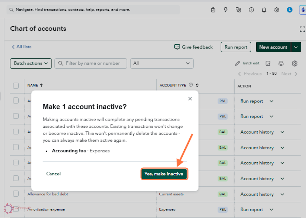 How to Inactivate an Account in the Chart of Accounts — QuickBooks Online screenshot