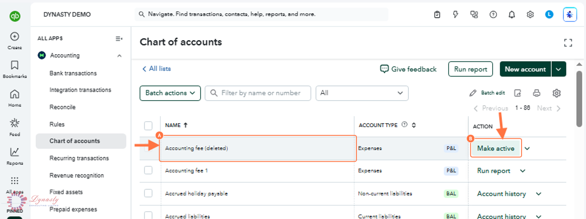 How to Reactivate an Account in the Chart of Accounts — QuickBooks Online screenshot
