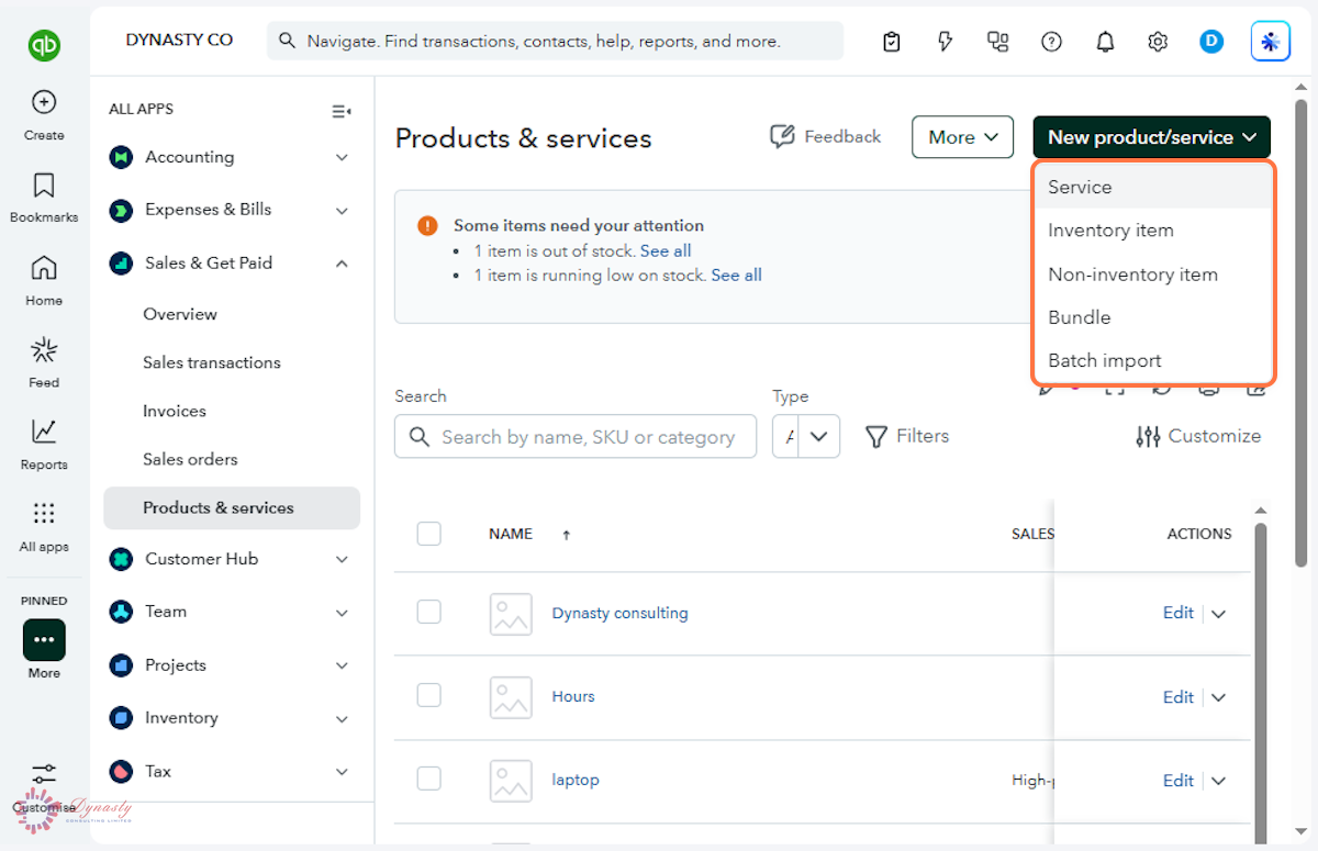How to Add an Item — Service in QuickBooks Online screenshot