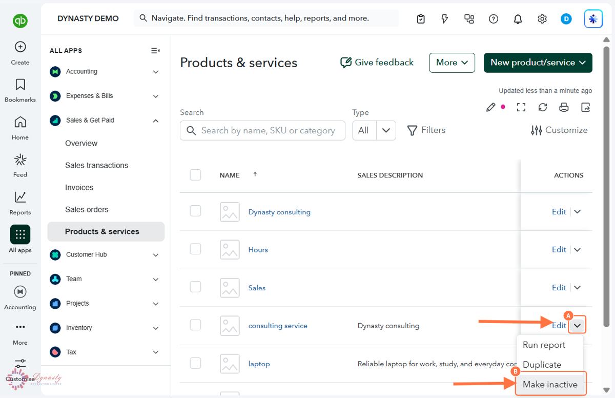 How to Make an Item Inactive — Service in QuickBooks Online screenshot