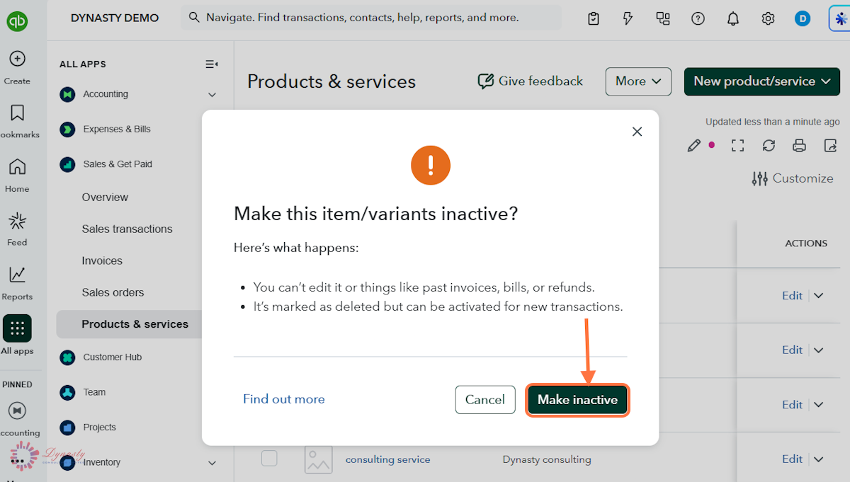 How to Make an Item Inactive — Service in QuickBooks Online screenshot